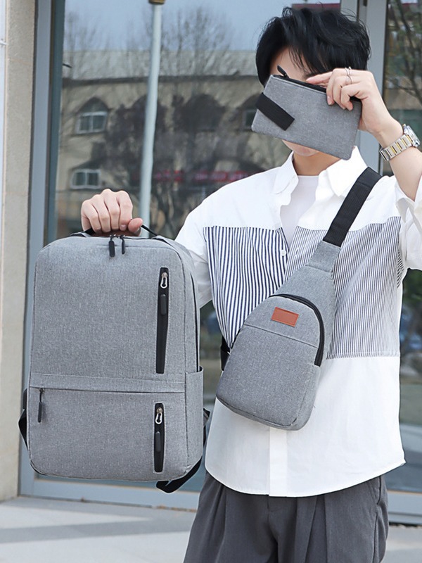 Mochila casual transfronteriza nueva mochila para hombre simple y de gran capacidad bolso escolar para estudiantes de tres piezas bolso deportivo ligero para el pecho