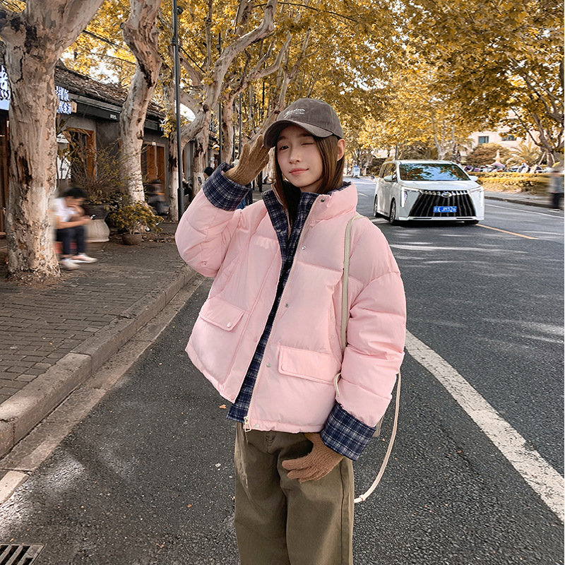 2025 invierno simple coreano empalme cuadrícula manga de cuello de plumón damas chaqueta corta chaqueta de pan chaqueta superior image 1