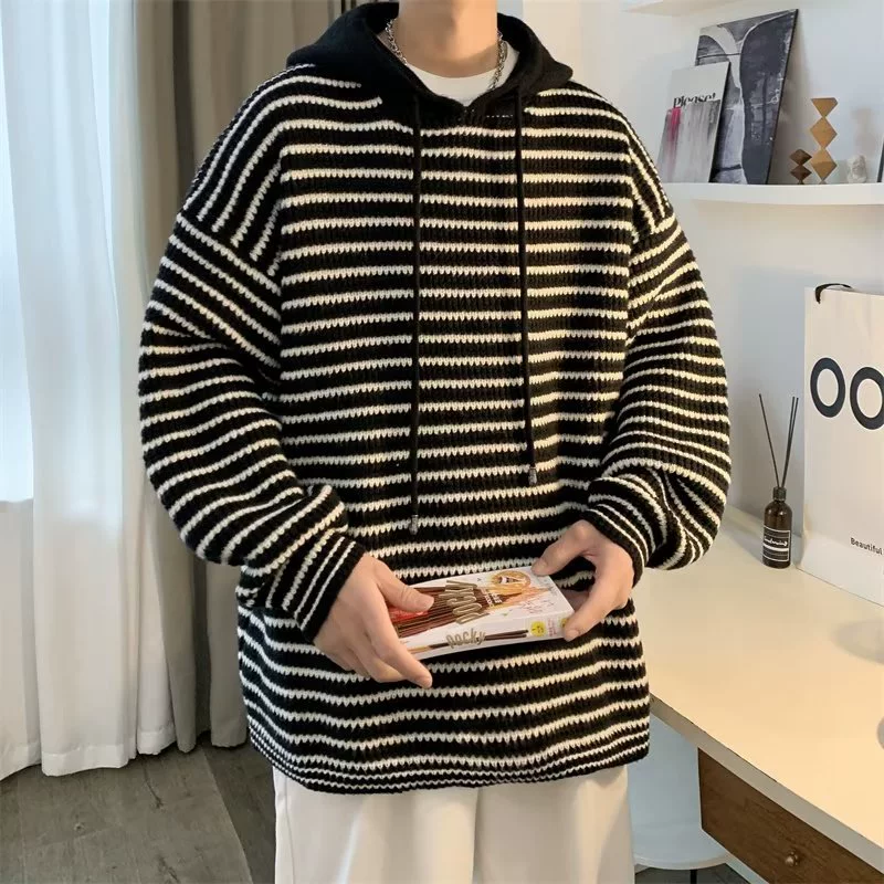 Демисезонный мужской вязаный свитер с капюшоном, oversize, свободный крой