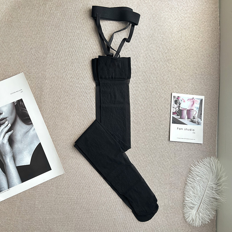 Sexy Suspender Black Stockings with Lace, Contrasting Color Over-The-Knee Socks, Sensual Long Stockings, Beautiful Legs, Pure Desire Black Stockings, Suspenders