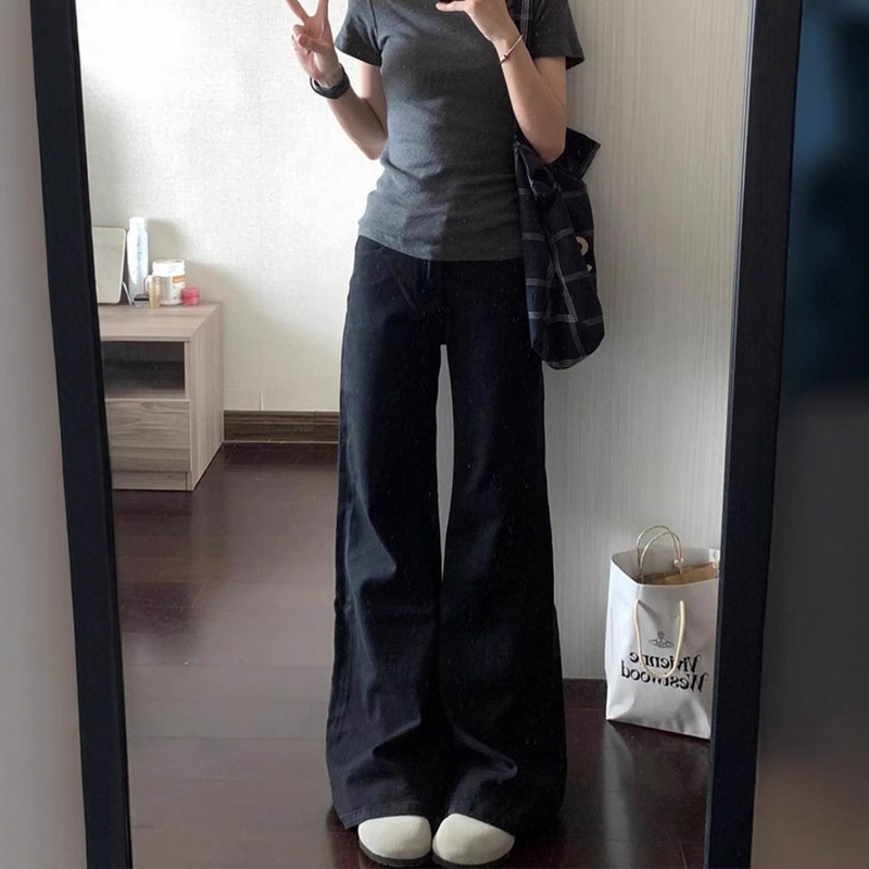 黑色不贴腿微喇牛仔裤女2025春季新款高腰显瘦加长宽松阔腿拖地裤|undefined