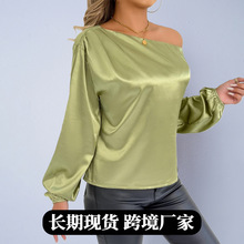 实拍外贸女装欧美风高级感色丁衬衫 秋斜肩设计长袖不对称长衬衣