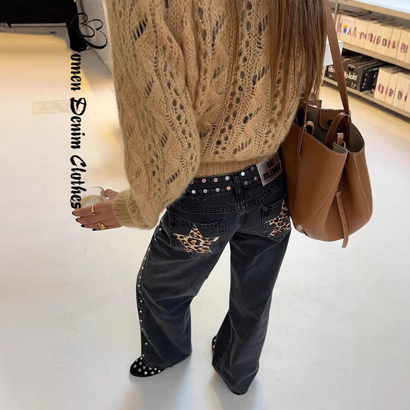 European and American Cross-Border Aliexpress One Dilemma Jeans Women's Loose Straight Pants Fashion Star Inlaid Design