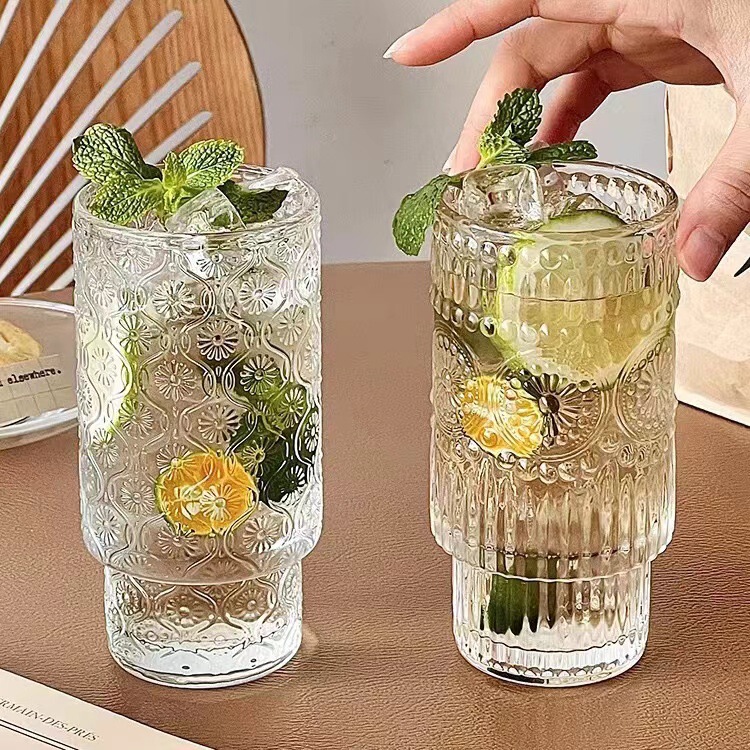 Vintage Embossed Sunflower Stacking Cup Iced Latte Stacking Coffee Cup Household Glacier Pattern Glass Water Cup