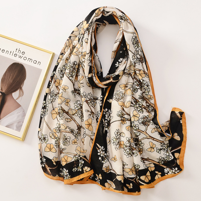 Japonés y coreano dulce mariposa flor rama decoración algodón y lino sensación bufanda de seda artística todo partido bufanda Vacaciones Viajes protector solar chal
