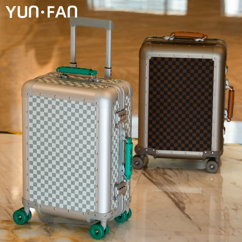 Checkerboard All-Aluminum Magnesium Alloy Suitcase 20inch Boarding Case Travel 26 Large Capacity Luggage Checkerboard Metal Hard