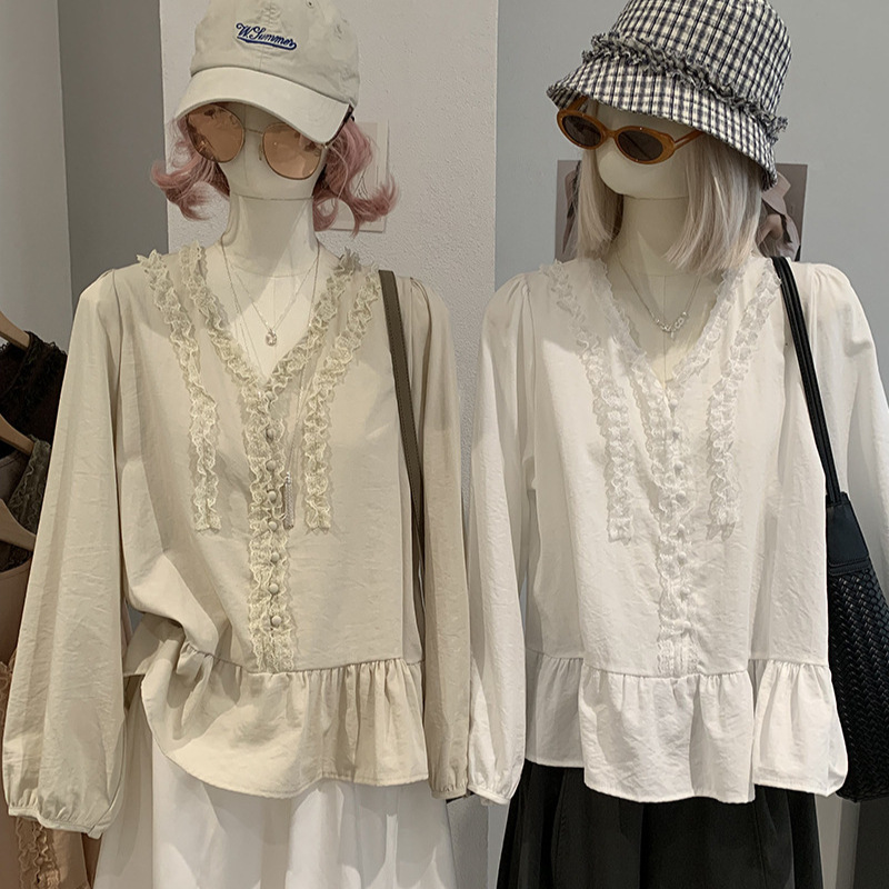 KEKEZOON Lace Trim V-Neck Loose Three-Quarter Sleeve Shirt for Women, Autumn Ruffle Doll Blouse Top 8609 KEKEZOON Lace Trim V-Neck Loose Three-Quarter Sleeve Shirt for Women, Autumn Ruffle Doll Blouse Top 8609