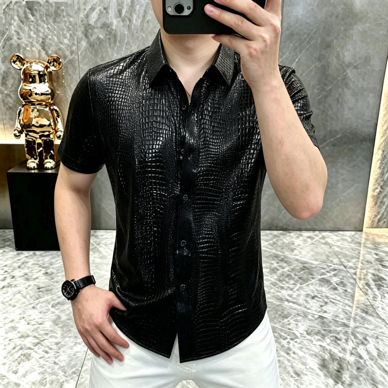 European-Style Light Luxury Summer New Men's Ice Silk Short-Sleeve Shirt, Black Crocodile Pattern Lapel Casual Thin Top