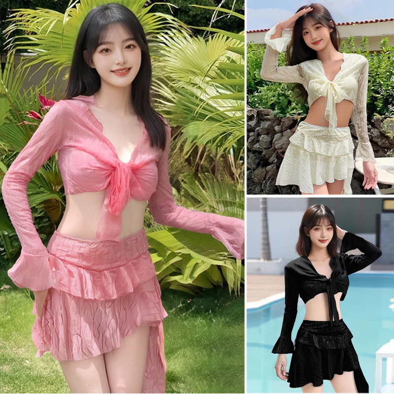 Traje de baño dividido en bikini, protector solar de manga larga de cuatro piezas para mujer, vestido de niña caliente puro, delgado traje de baño de aguas termales para mujer al por mayor