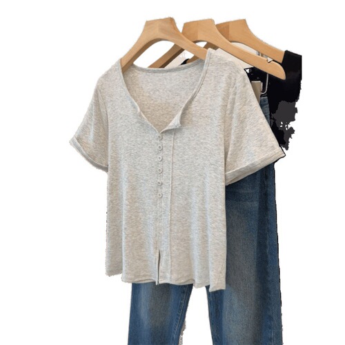 Women's Summer Oversized V-Neck T-Shirt for Loose Fit, 200 Lbs, Casual and Versatile, with Unique Slit Top