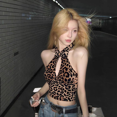 TZ6877美式豹纹立体蝴蝶结挂脖背心女夏酷辣拽姐穿搭露背无袖上衣