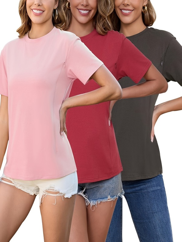 授乳用隠しボタン付きレディースナーシングシャツ3枚組|undefined