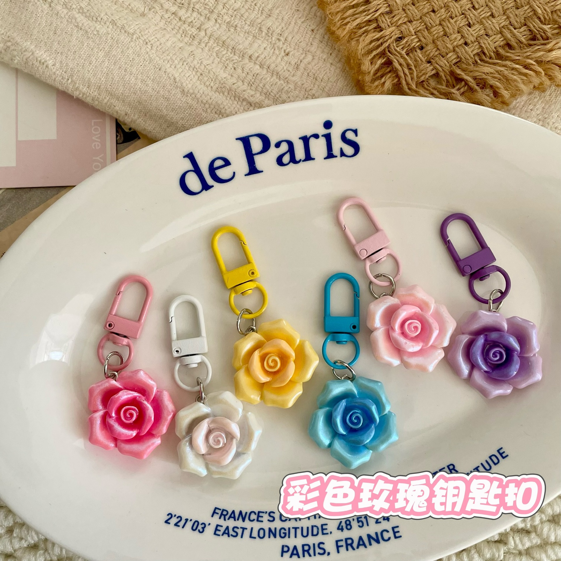 Simulated colorful rose and camellia keychain, cartoon candy-colored flower, cute girly dopamine charm