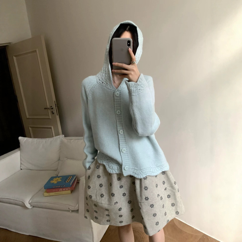 Simple Korean-style hooded knit cardigan with a hollow-out cable knit design, solid color, women's 2026 new versatile knit sweater Simple Korean-style hooded knit cardigan with a hollow-out cable knit design, solid color, women's 2026 new versatile knit sweater