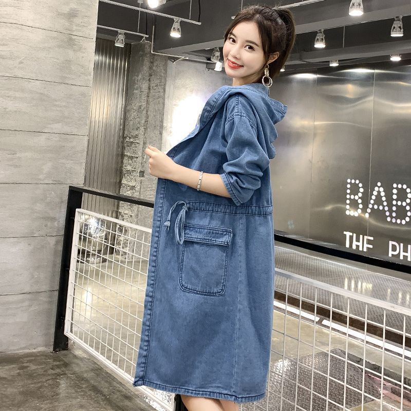 春秋大码女装200斤胖mm抽绳中长款连帽风衣女宽松洋气牛仔外套潮|undefined