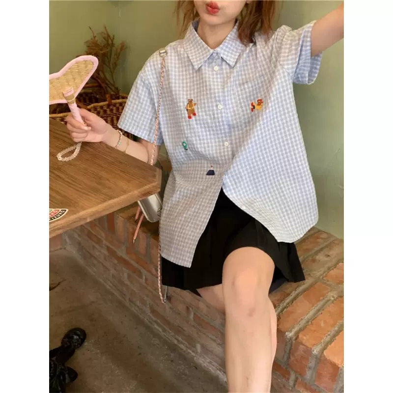 蓝色polo领刺绣短袖衬衫女多巴胺穿搭夏季装chic上衣别致格子衬衣