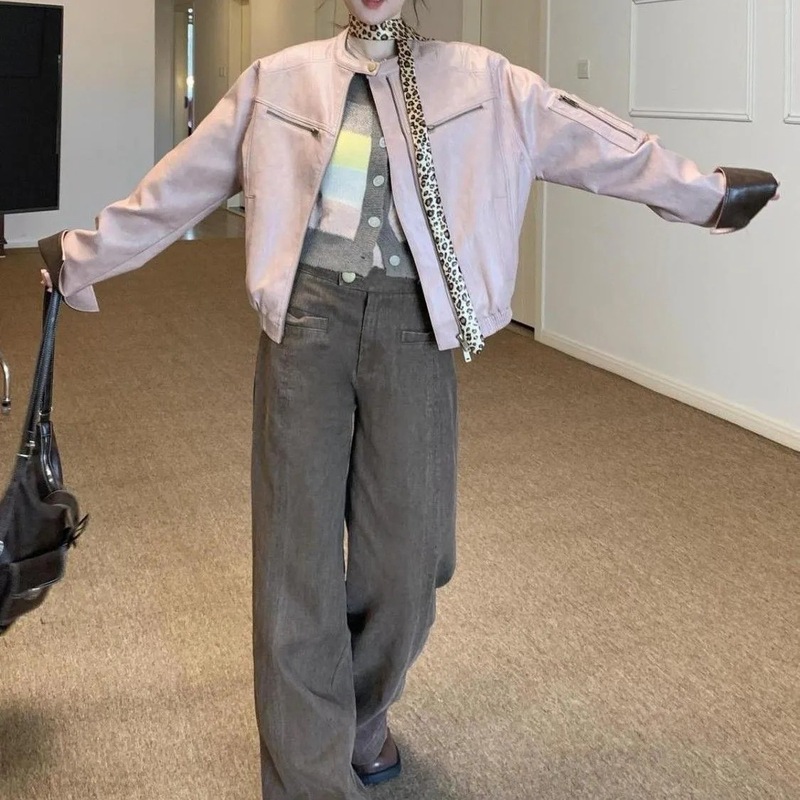 美式复古酷飒风撞色pu皮衣外套女秋季独特超好看廓形休闲夹克上衣|undefined