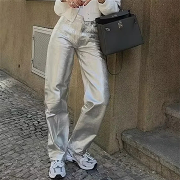 Street hot girl retro high waist loose wide leg pants trendy draping versatile autumn and winter Silver straight jeans for women new