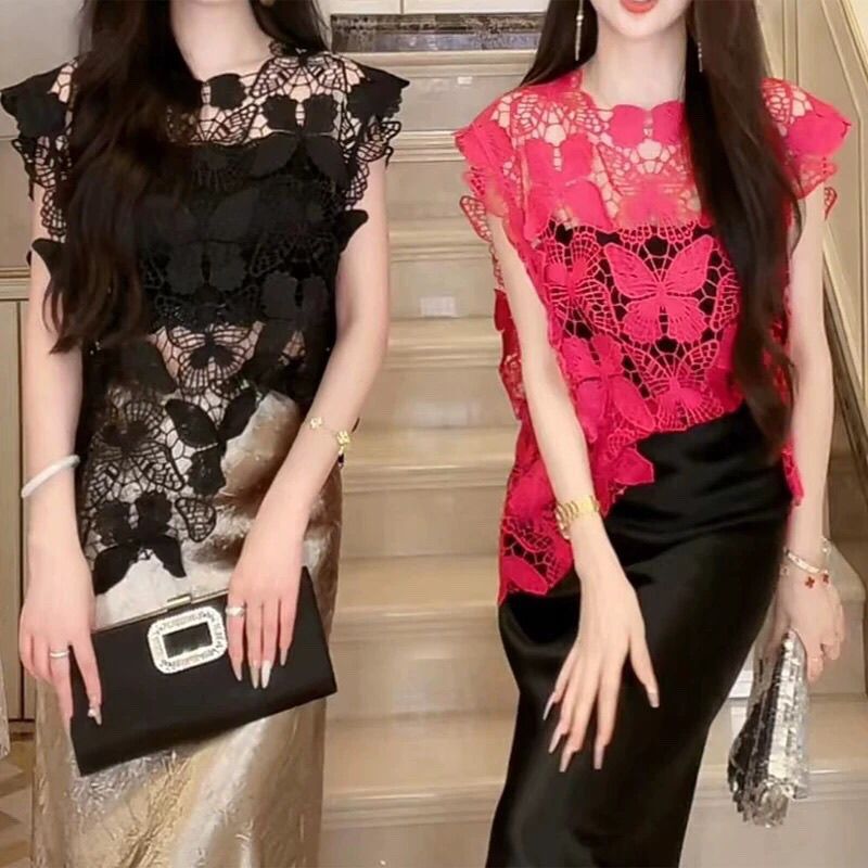 Loose-Fitting Heavy-Duty Butterfly Embroidery Crochet Hollow-Out Blouse Lace Shirt Sleeveless Tank Top Slimming Top