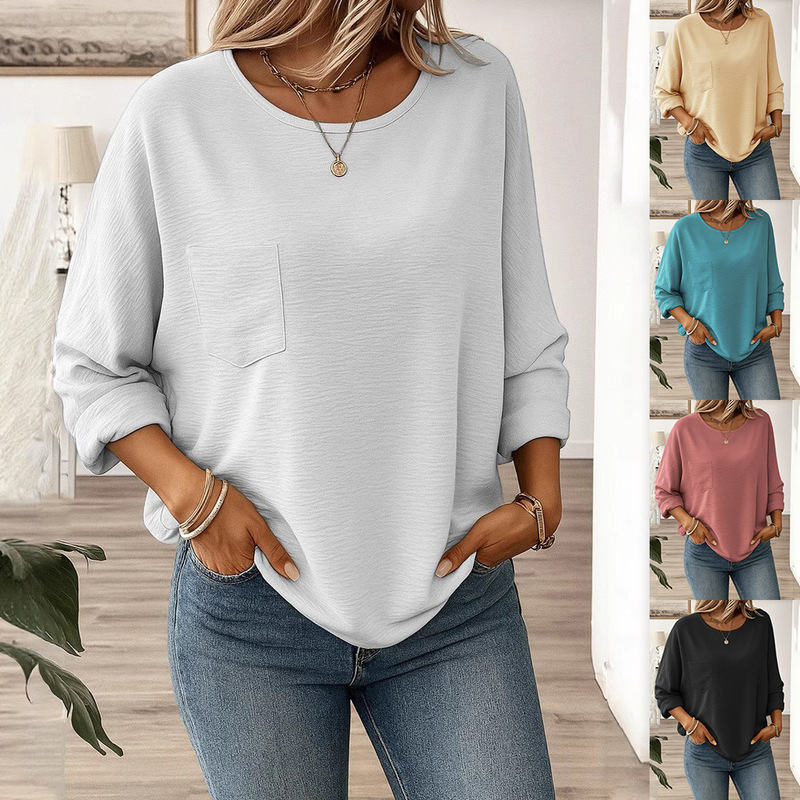 2026 Amazon European and American Cross-Border New Women's Clothing Casual Long-Sleeve Round-Neck Pocket Solid Color Multi-Color Women's T-Shirt
