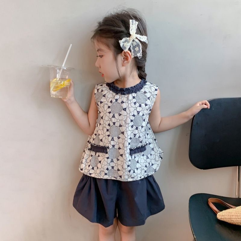 女童夏季韩系花朵背心套装无袖木耳边粉紫双色居家外出服