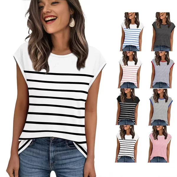 2026 Amazon European and American Foreign Trade Women's Knitwear with Thick and Thin Stripes, Cap Sleeves, Color-Blocking, Pullover, Casual Loose T-Shirt Vest