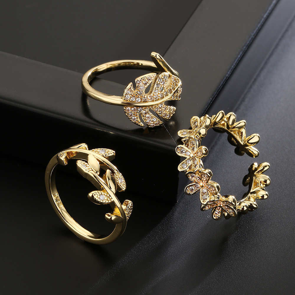 Women'S Gender Fashion Copper 18k Gold Zircon Leaf Geometric Shape Open Ring Female