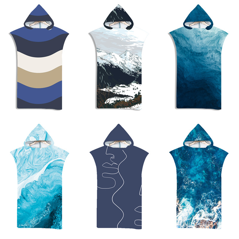 Men's Simple Print Beach Surfing Diving Style Changing Bathrobe Hooded Poncho Beach Swimming Wearable Bath Towel