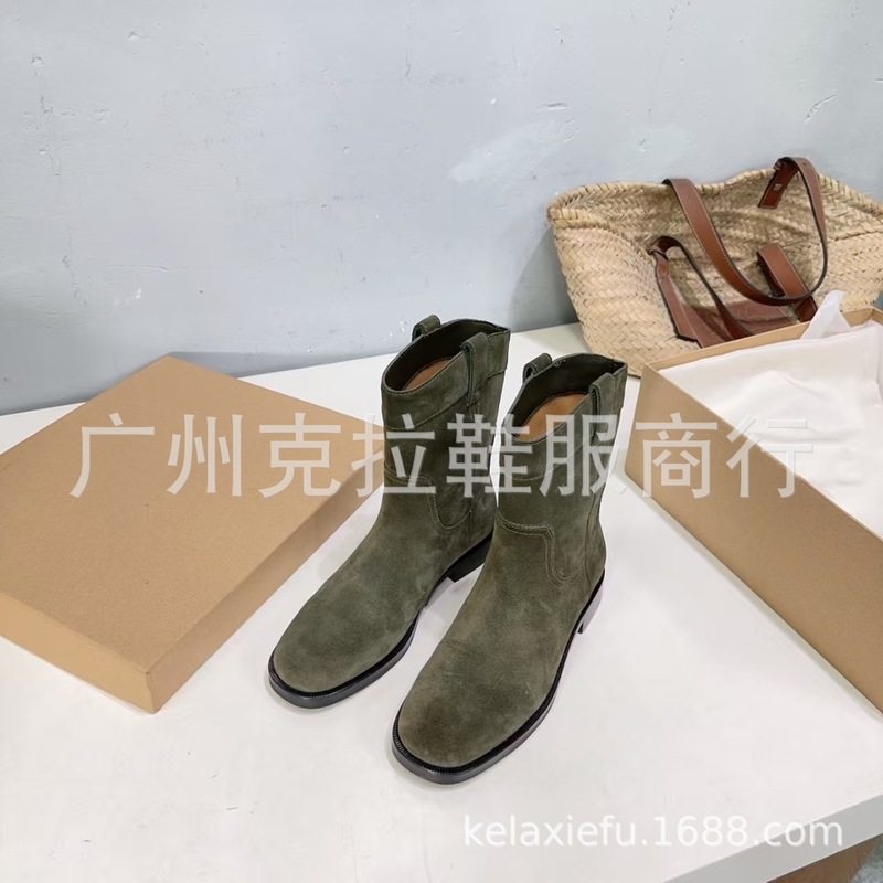 小众设计2025秋冬新款磨砂皮圆头复古英伦平底一脚蹬套筒中筒靴女|undefined