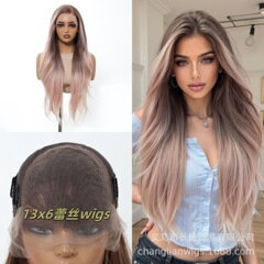 蕾丝假发女跨境欧美粉色渐变长卷发自然分缝轻薄服帖时尚现货wigs
