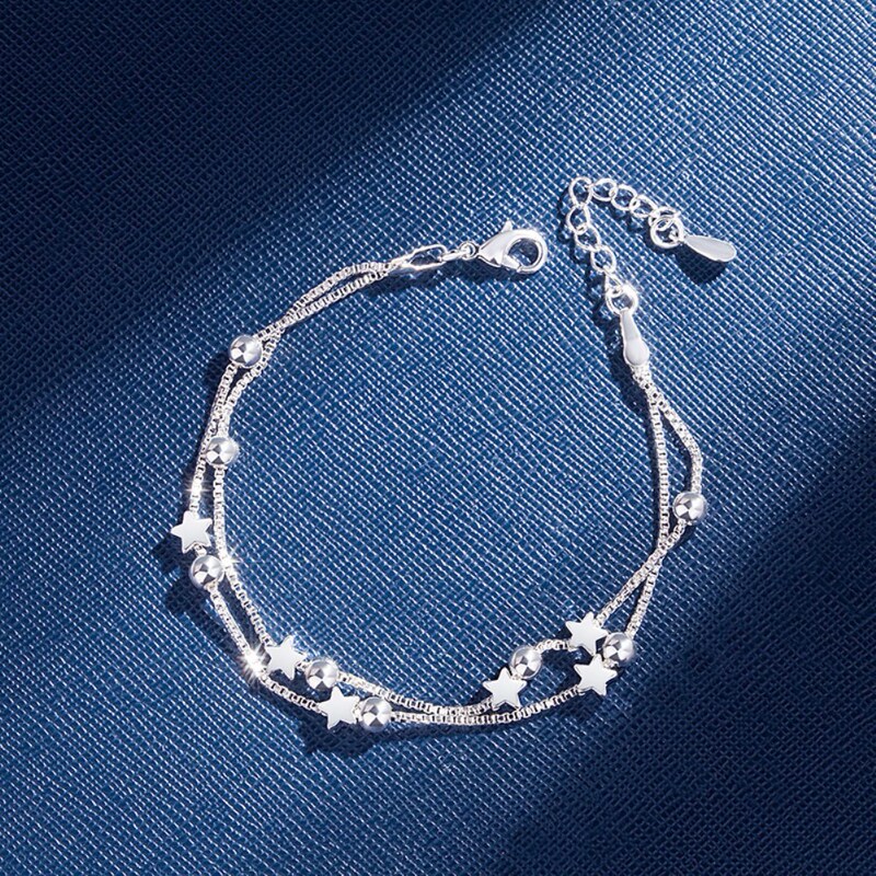 Silver-plated Double-layer Star Bracelet Girl's Korean-style Round Bead Five-pointed Star Bracelet All-match Internet Celebrant Live Cross-border Supply