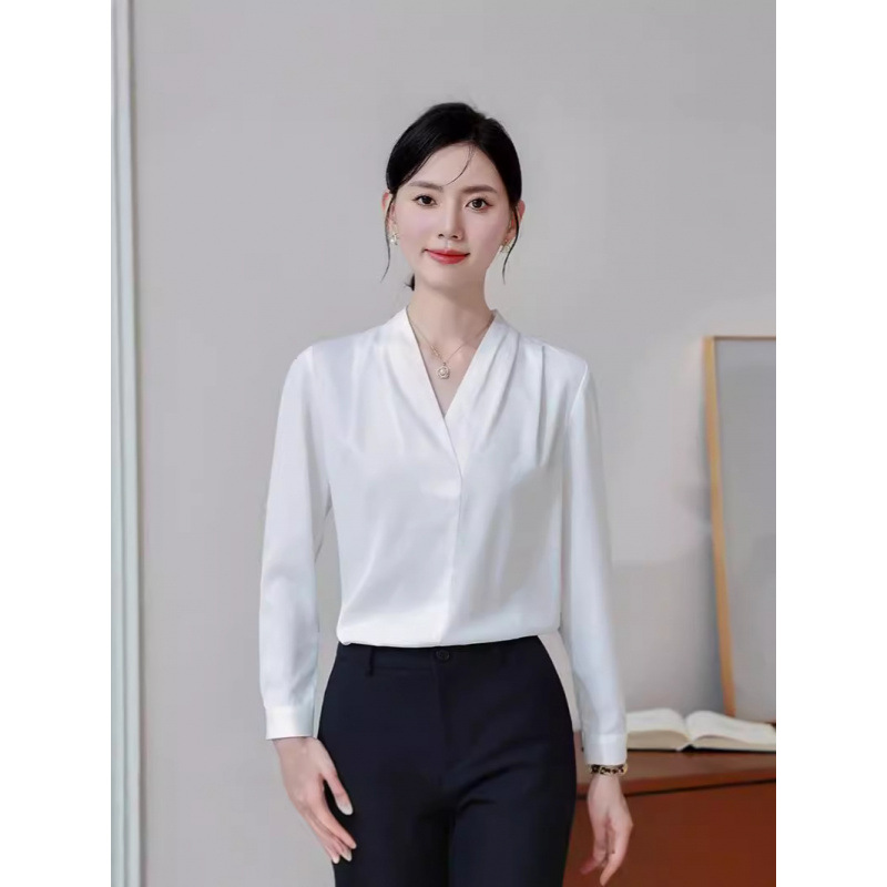 黑色职业V领衬衫女高级2024新款气质长袖衬衣小个子通勤雪纺上衣