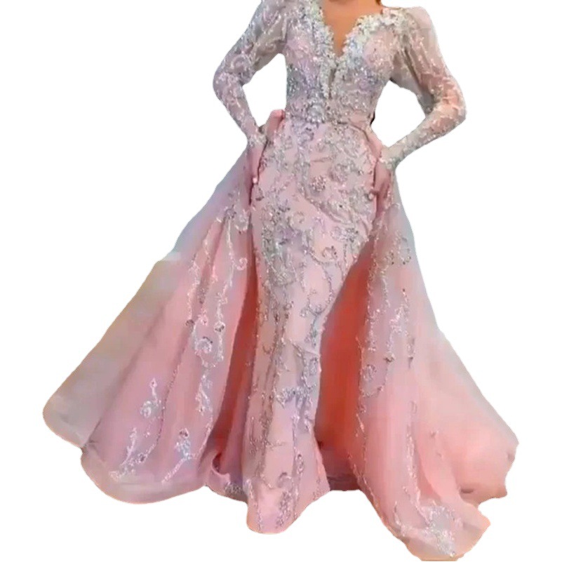 Vestido de Noche Largo Sexy con Cola, Estilo Europeo y Americano, Primavera 2025, Color Rosa con Lentejuelas, Escote en V, Dorado Arena