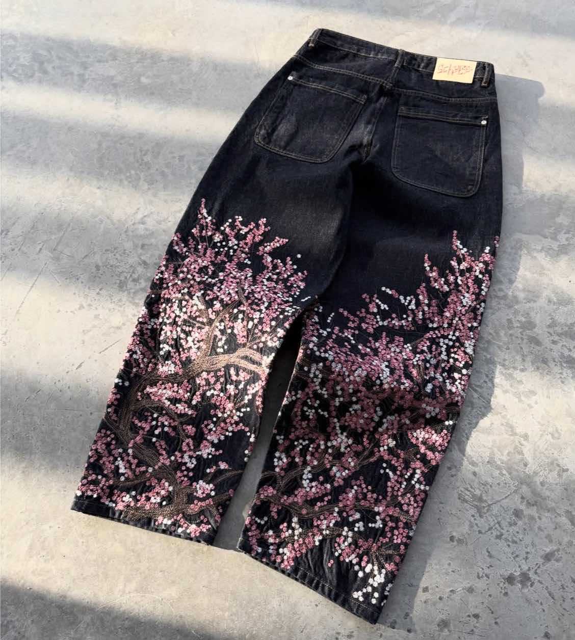 Y2k Vintage Baggy Fallen Knight Cherry Blossom Embroidery Jeans Men Women Fashion Straight Wide-leg Denim Pants Streetwear Jean_voghion.com