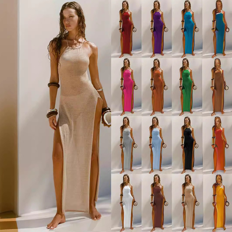 2025 New Cross-Border Hot Style Double Side High Slit Suspender Beautiful Back Knitted Dress Beach Vacation Style