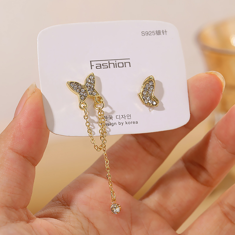 Sterling Silver Needle Korean Fairy Butterfly Asymmetric Earrings Elegant High-grade Cold Style Diamond Stud Earrings For Women display picture 8