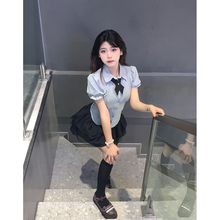 学院风jk制服女收腰衬衫上衣短袖修身显瘦烟青色衬衣蓬蓬裙两件套