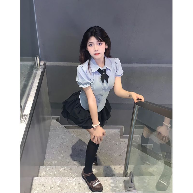 学院风jk制服女收腰衬衫上衣短袖修身显瘦烟青色衬衣蓬蓬裙两件套
