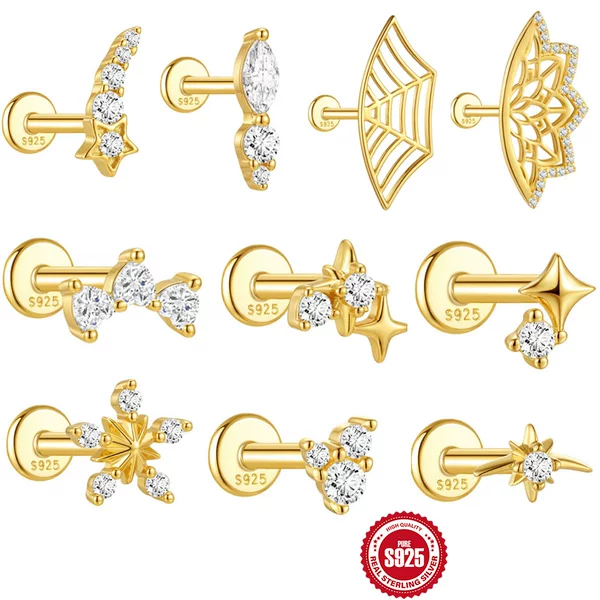 In-Stock S925 Sterling Silver Geometric Lotus Flower Diamond-Studded Flat-Head Internal Thread Piercing Ear Bone Stud, Popular in Europe and America, Trendy Earrings
