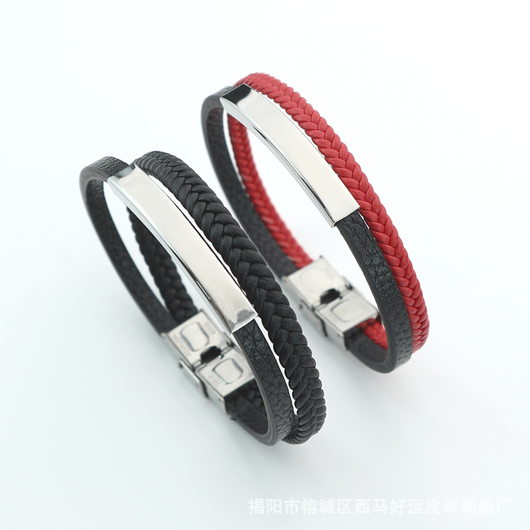 Punk style European and American popular lettering hand bracelet leather titanium steel hand woven double leather rope jewelry couple bracelet