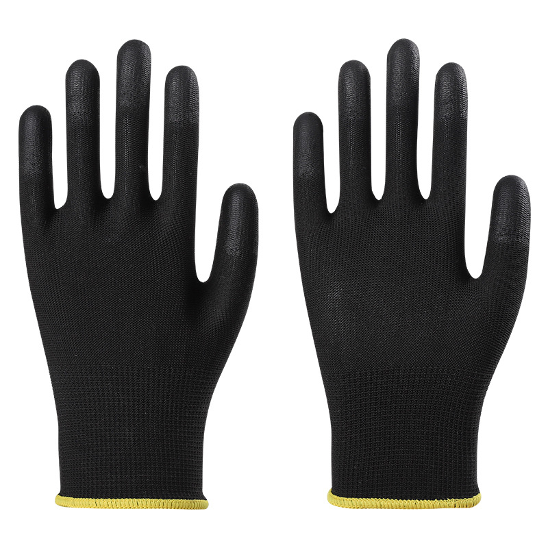 Guantes PU negros de trabajo de nylon PU de dedos de goma de inmersión de palma eléctrica de trabajo seco antideslizante delgado transpirable