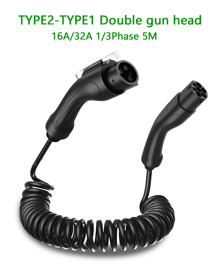 European Standard to American Standard Spring-Loaded Dual-Gun Cable, Black, 16A/32A, Type2 to Type1, for Electric Vehicle Charging Stations
