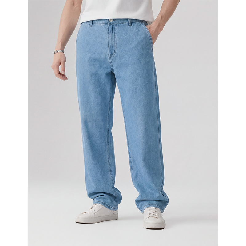 2025 Summer New Loose Straight-Leg Jeans for Men, Trendy Versatile Thin Long Pants in Light Blue, Wholesale Available