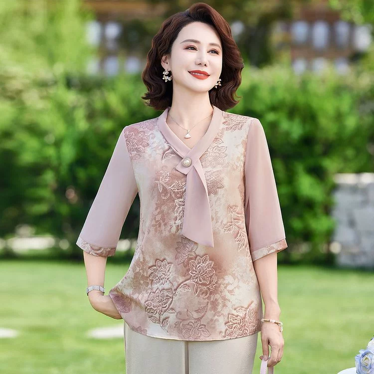 Модная летняя шифоновая блузка с короткими рукавами для мам, модный топ 2025, новый топ в китайском стиле, женская футболка среднего возраста