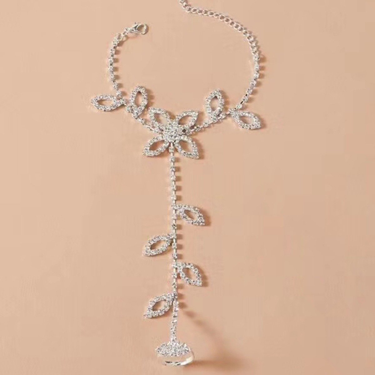 Joyería de comercio electrónico europeo y americano rhinestone nupcial Cadena de empeño de las mujeres rhinestone nicho diseño hoja playa dedo tobillera pie ornamento