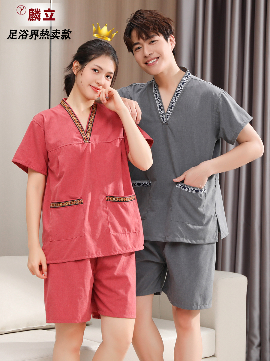 足浴店桑拿洗浴服男纯棉汗蒸服女新款按摩服客人衣服足疗睡衣套装