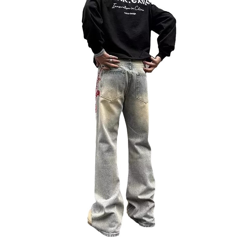 Men's Distressed Washed Yellow Mud Jeans – High-Street Straight Leg Bootcut Denim With Embroidery (S-3XL)_voghion.com