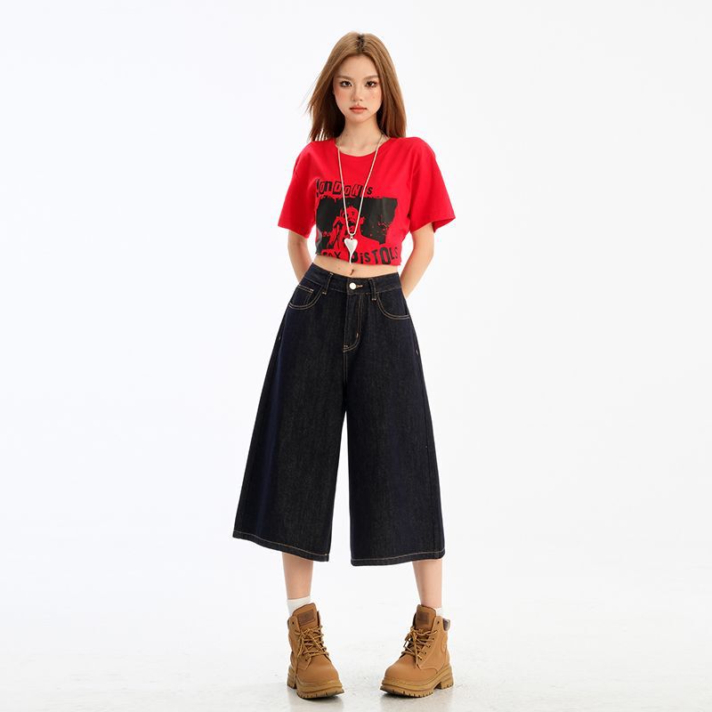 American-style High Street Tannin Blue Cropped Jeans Women's Spring and Summer 2025 New Style Short Straight Loose Wide-leg Mid-length Pants