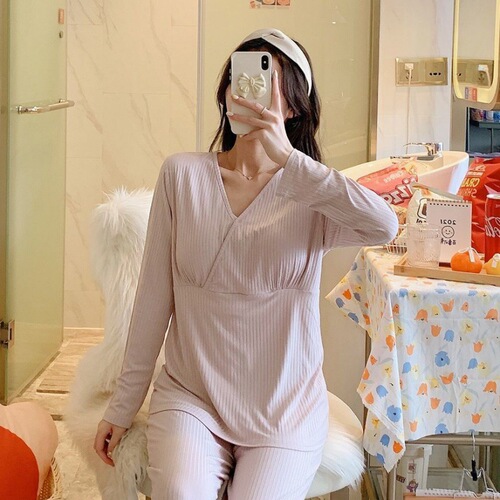 Three-piece postpartum clothing set without bra, spring, autumn and summer thin postpartum home clothes, maternity and maternity pajamas, women's single-piece pajamas hot