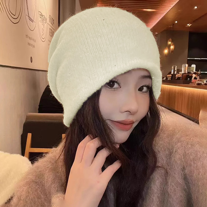 帽子秋冬女款时尚百搭慵懒风亮片堆堆帽大头围显脸小针织护耳冷帽|undefined